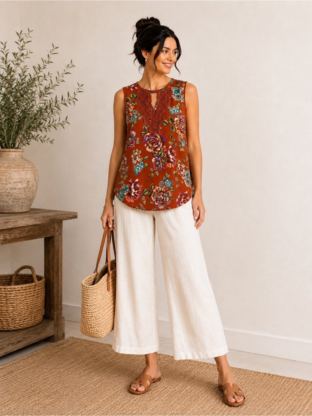 NWT Daniel Rainn Mixed Media Floral Blouse in Burnt Orange Size XSP